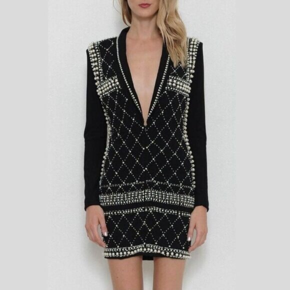 L'atiste Pearl Tuxedo Dress Black Long Sleeve Deep V-Neck Lined Bodycon NEW - Picture 4 of 13